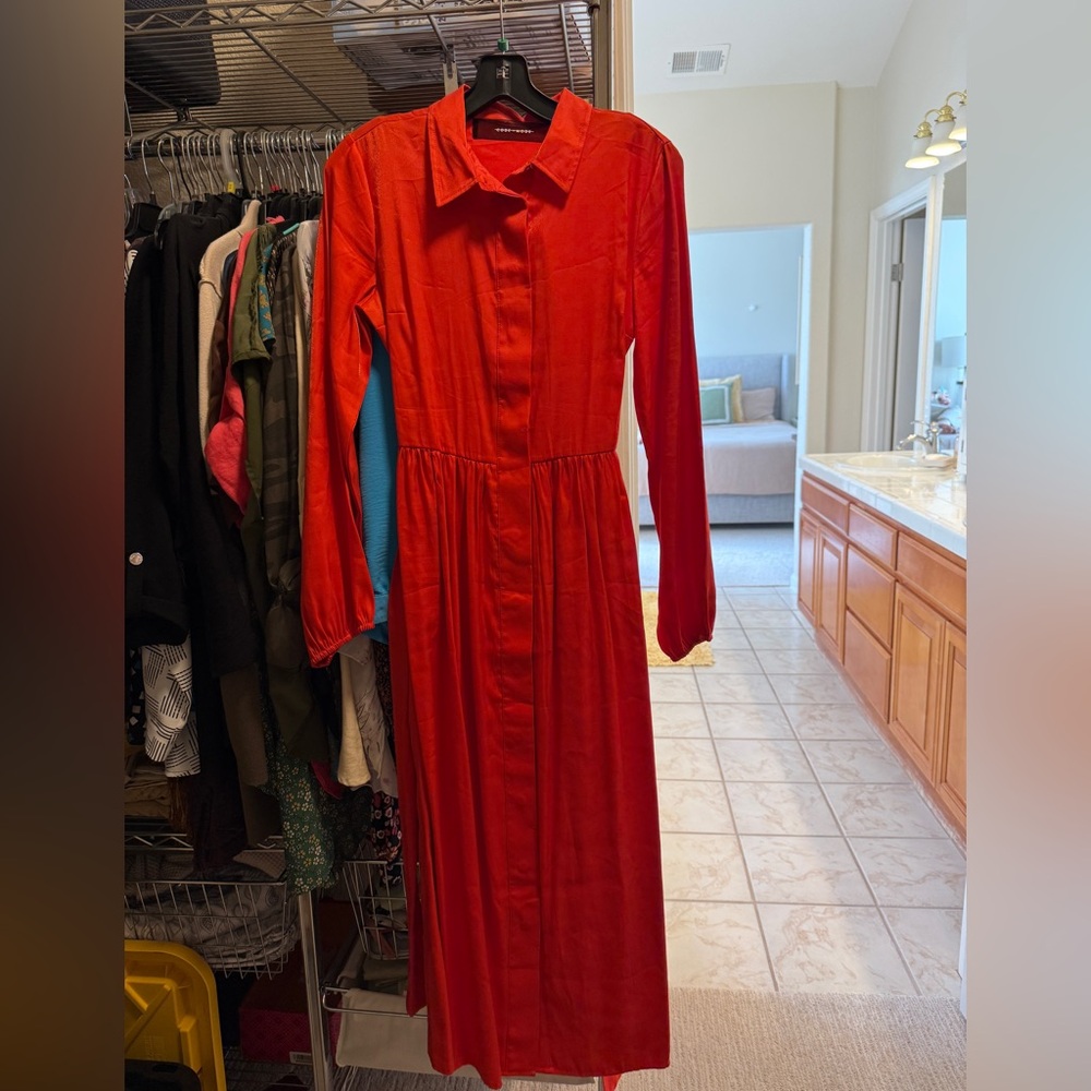 Red Long Sleeve Buttoned Shirt Dress